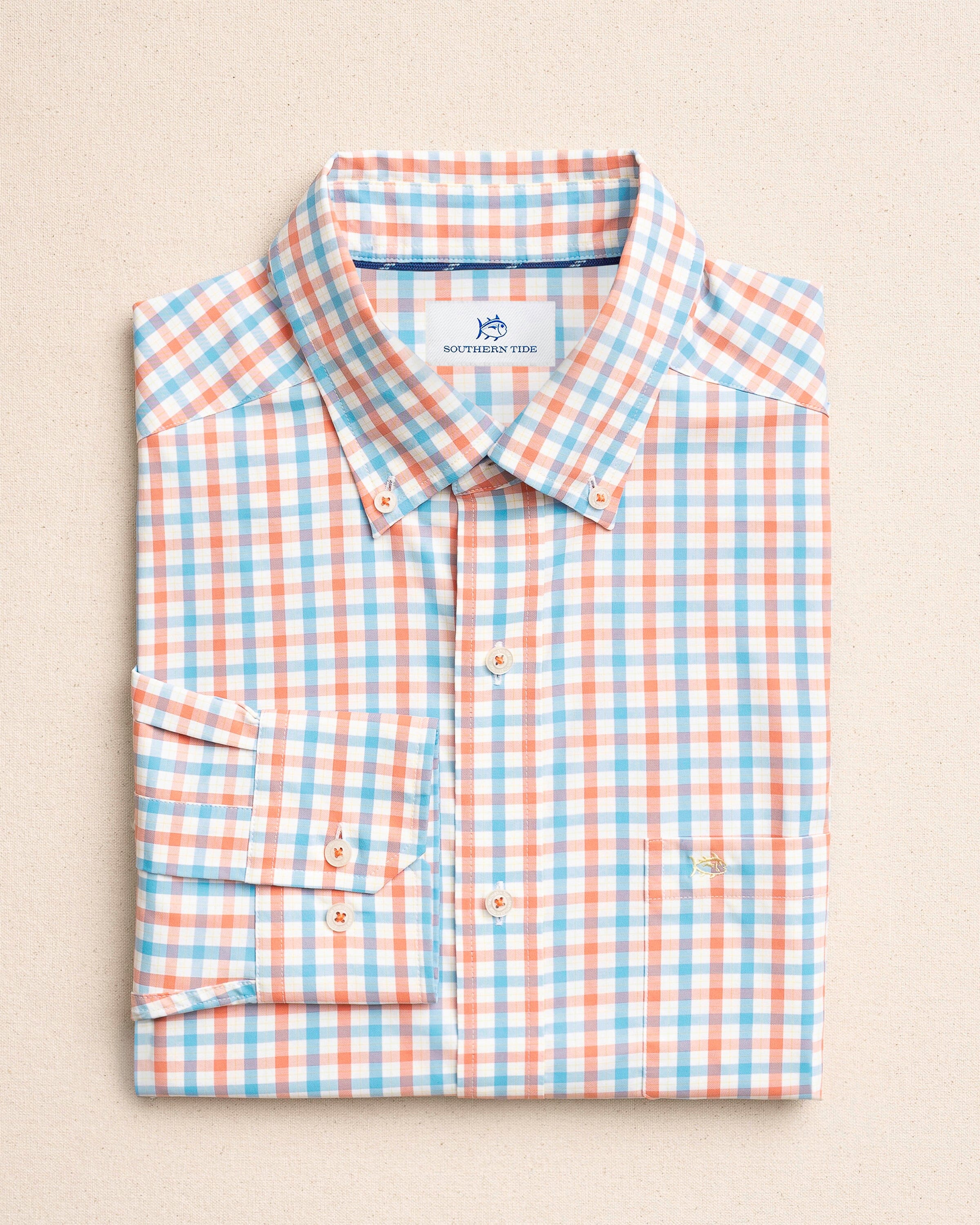 The front view of the Southern Tide Ocean Song Coastal Breeze® Sport Shirt by Southern Tide - Orange Blossom